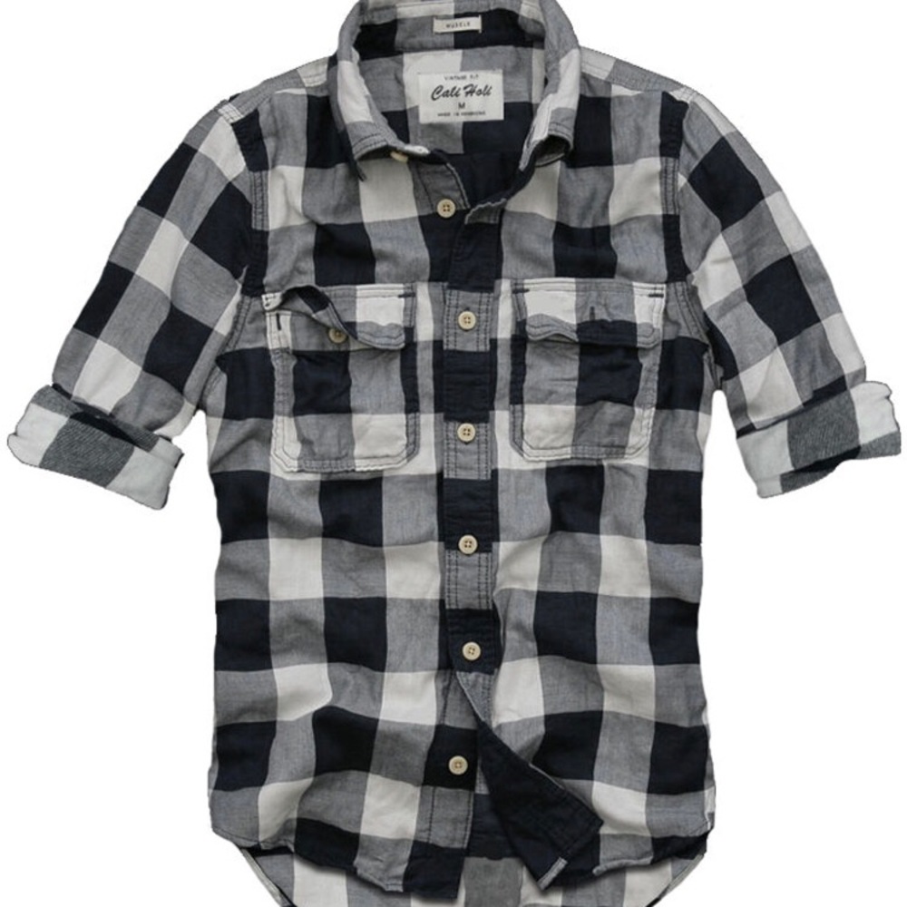 Mens CALI HOLI Muscle Fit Flannel Check Long Sleeve Shirt Navy White
